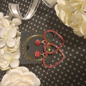 Red Crystal Rhinestone Heart Shaped Statement Earrings NWT